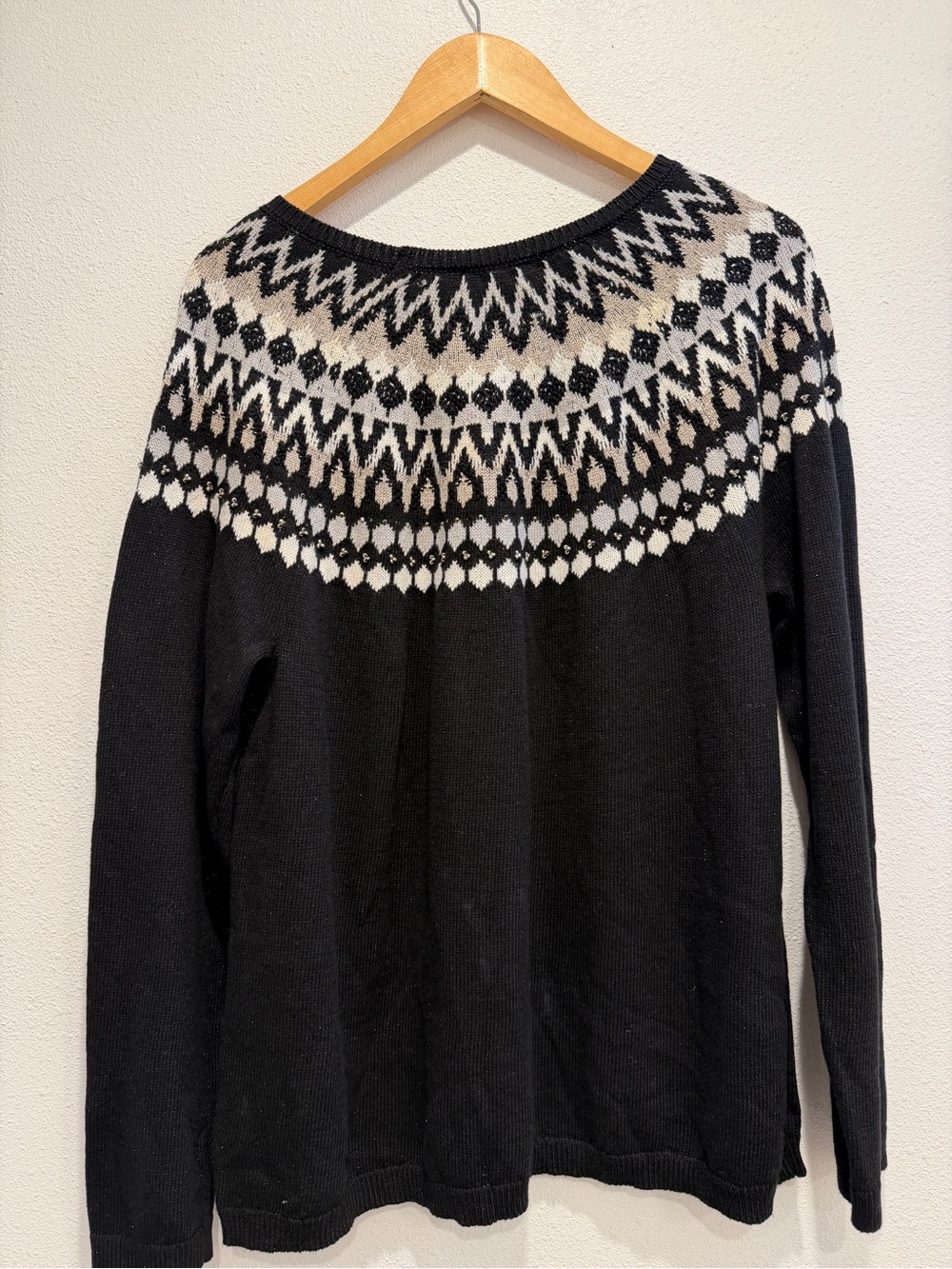 J. Jill Black Fair Isle Nordic Crewneck Beaded Metallic Sweater NWT Medium - Picture 2 of 6